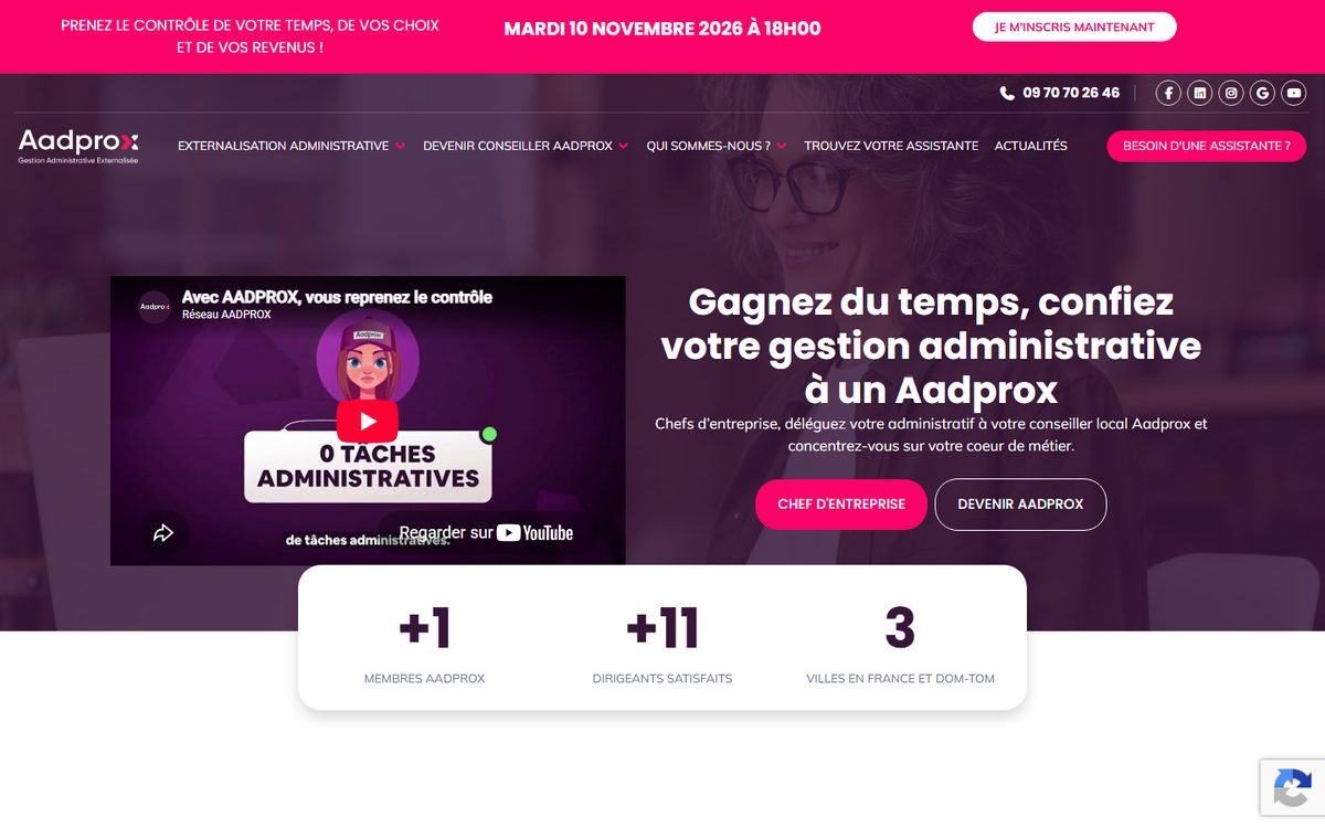 Page d’accueil du site aadprox.com, réseau d’assistants administratifs indépendants